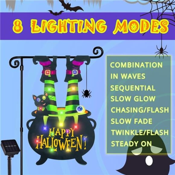 Halloween Lighted Garden Flag Led Solar Yard Flag 8 Modes Witch Feet Outdoor - Picture 5 of 7